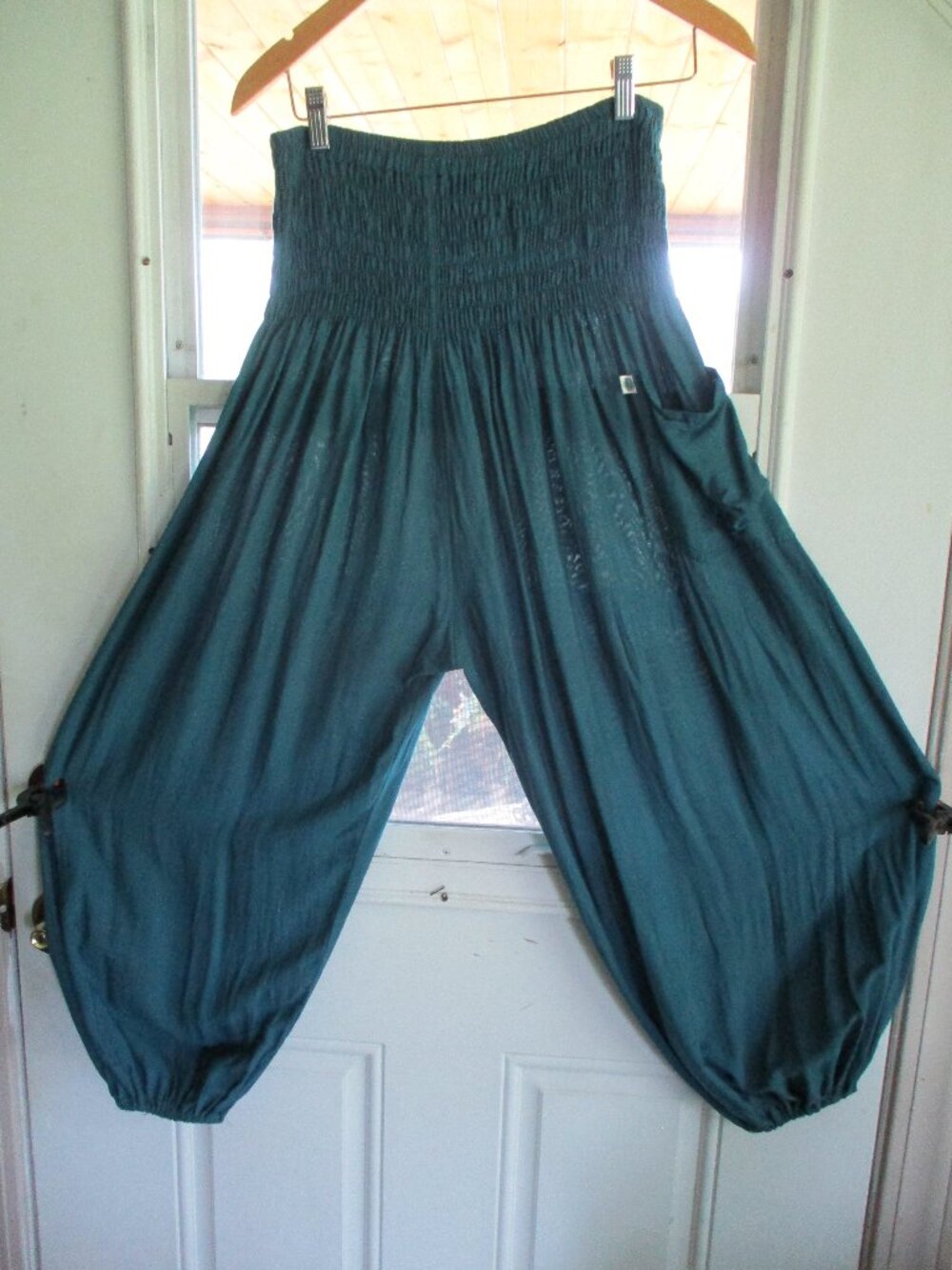 Rayon Teal Harem Pants Plus Size (L) with elastic smocked shirring  on wide wais